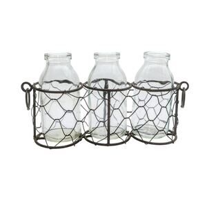 Rustic Metal Chickenwire Caddy W/ Three Clear Bud Vases